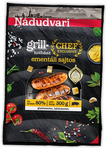 Nádudvari Chef Exclusive grillkolbász ementáli sajtos 300g logó